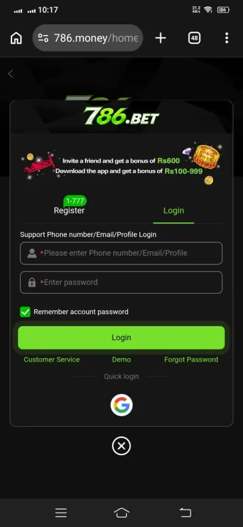 786Bet Login Portal Screenshot