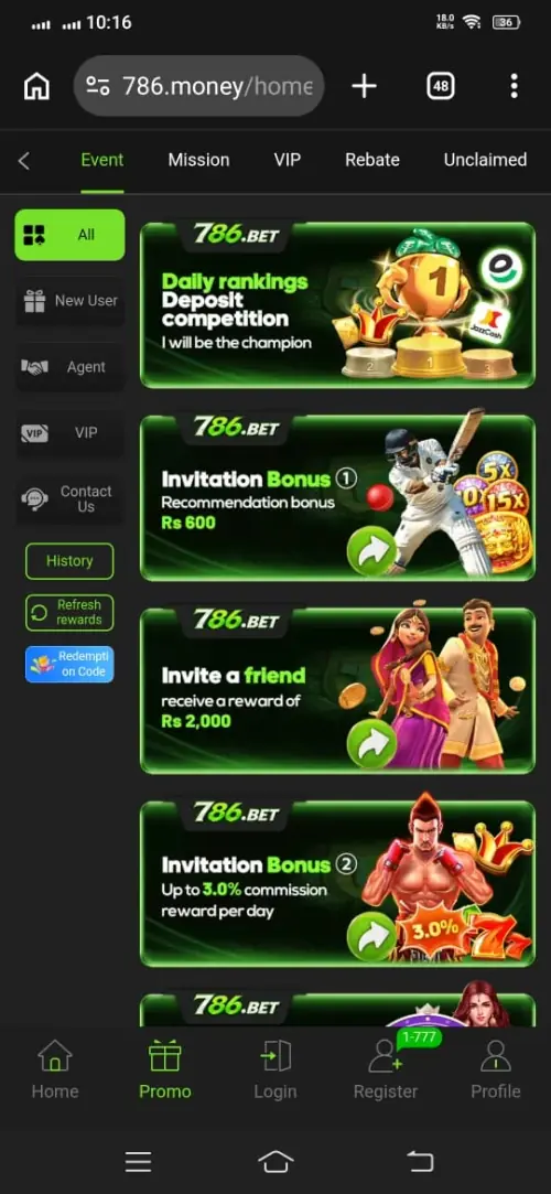 786Bet Promotions and Events Screenshot
