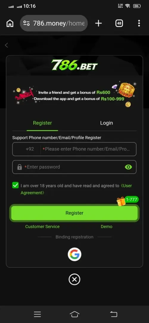 786Bet App Registration Screen Screenshot