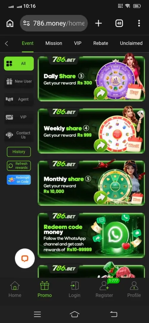 786Bet Share Rewards Screenshot