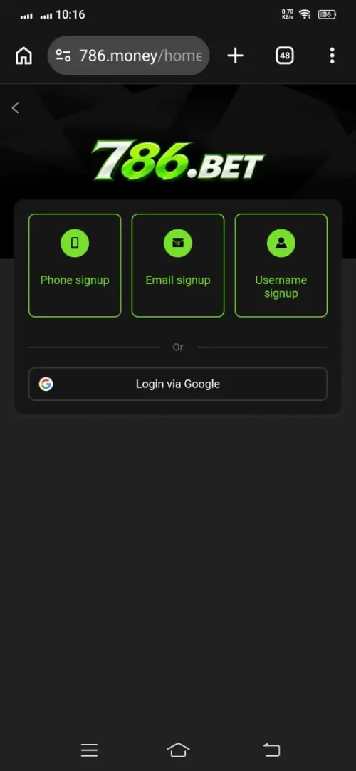 786Bet Sign Up Methods Screenshot